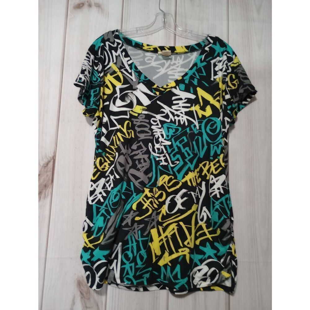 NYC Graffiti Print Ruched Side V-Neck Top 3X Black Yellow Teal Streetwear